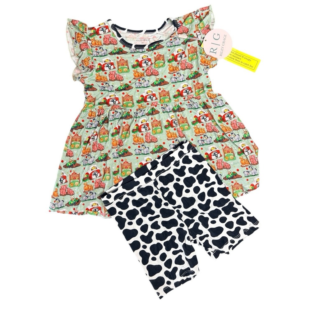 NWT Riley Grace Bamboo Farm Animal Dress Cow Print Shorts Set Girls 7/8
